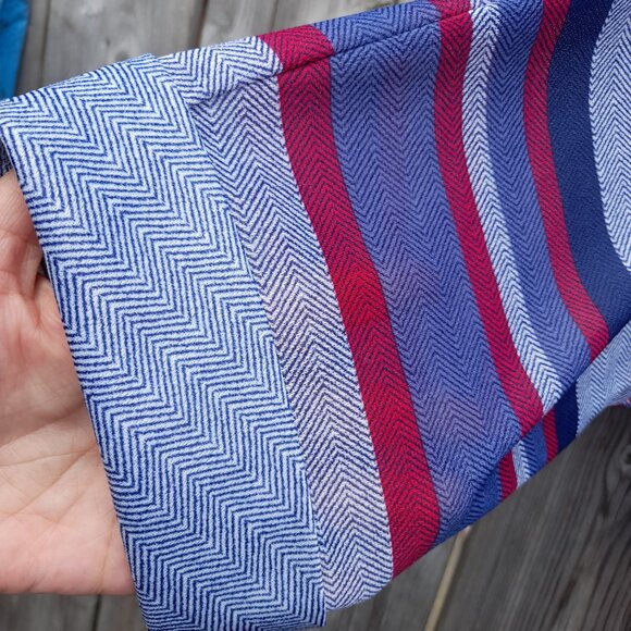 Vintage 70s Tunic Dress Kaftan 45"B Blue Red Stripes Dolman Sleeves - Picture 5 of 15